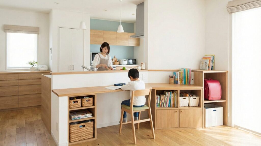 リビング学習と収納を兼ねた空間作り